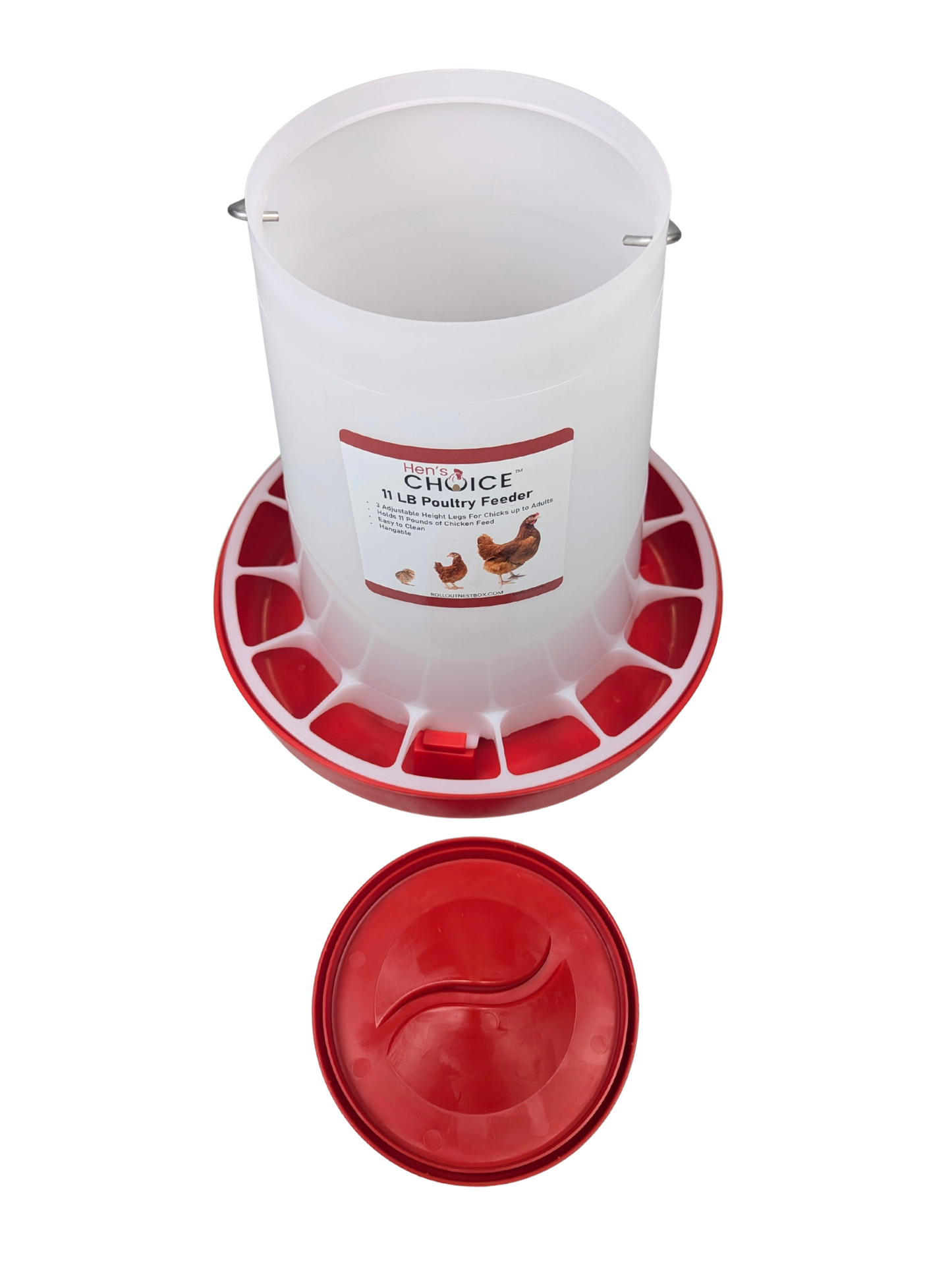 Hen's Choice - 11 LB Poultry Feeder, Twist Lock Base, Adjustable Legs, Hangable with Lid