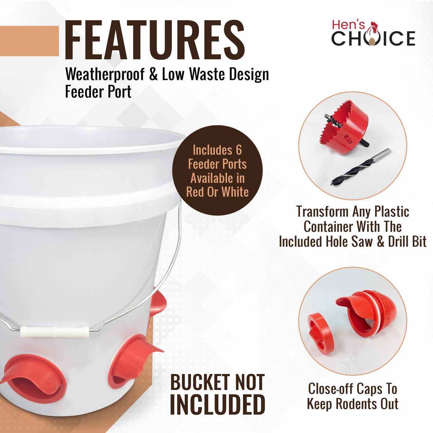 Hen's Choice™ DIY 6 Chicken Feeder Port and Waterer Kit, Rain Proof/Reduced Waste, for 5 Gallon Bucket, Trash Can, Container | Includes Hole Saw & Drill Bit