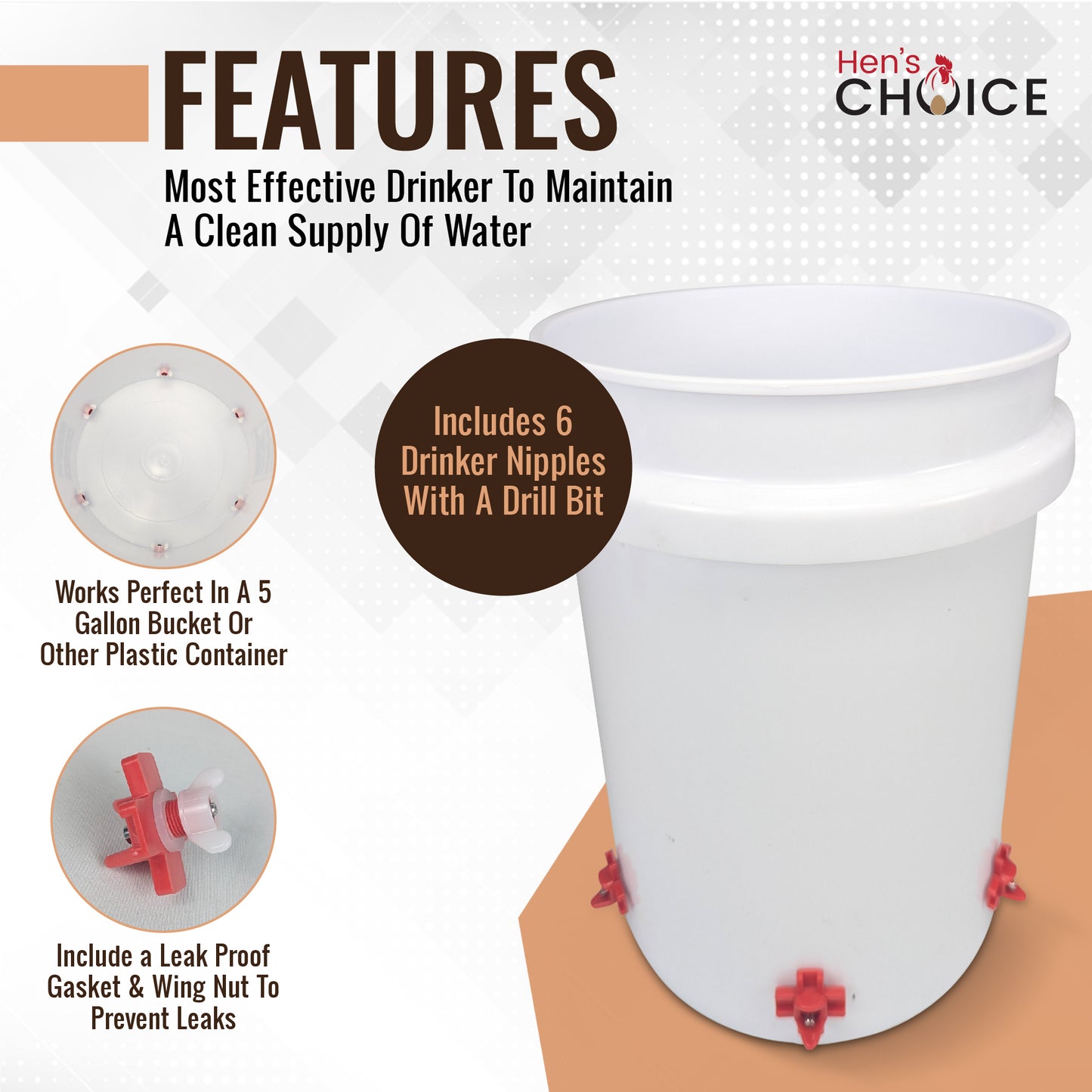Hen's Choice™ DIY 6 Chicken Feeder Port and Waterer Kit, Rain Proof/Reduced Waste, for 5 Gallon Bucket, Trash Can, Container | Includes Hole Saw & Drill Bit