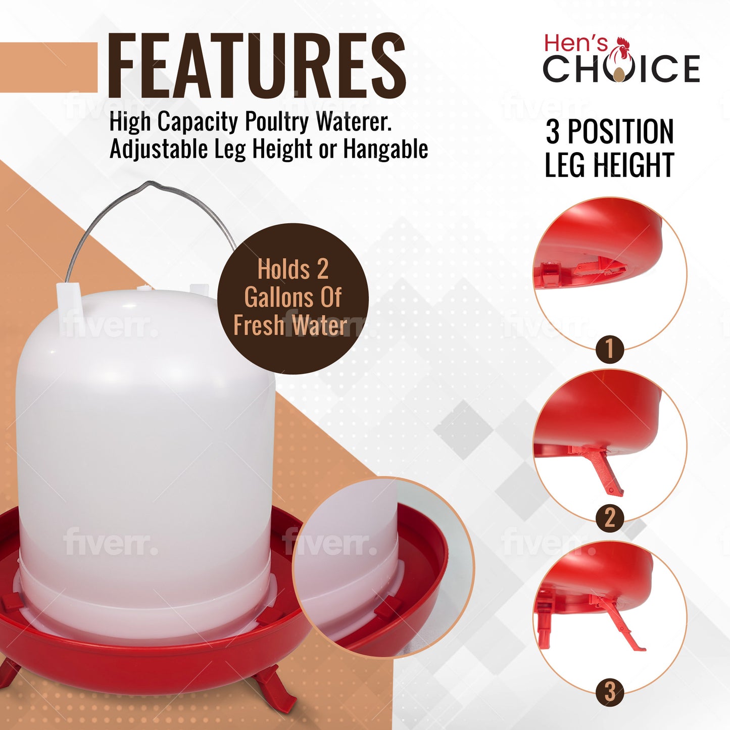 Hen's Choice™ - 8L/2.1 gal Chicken Waterer | Adjustable Legs | Hangable