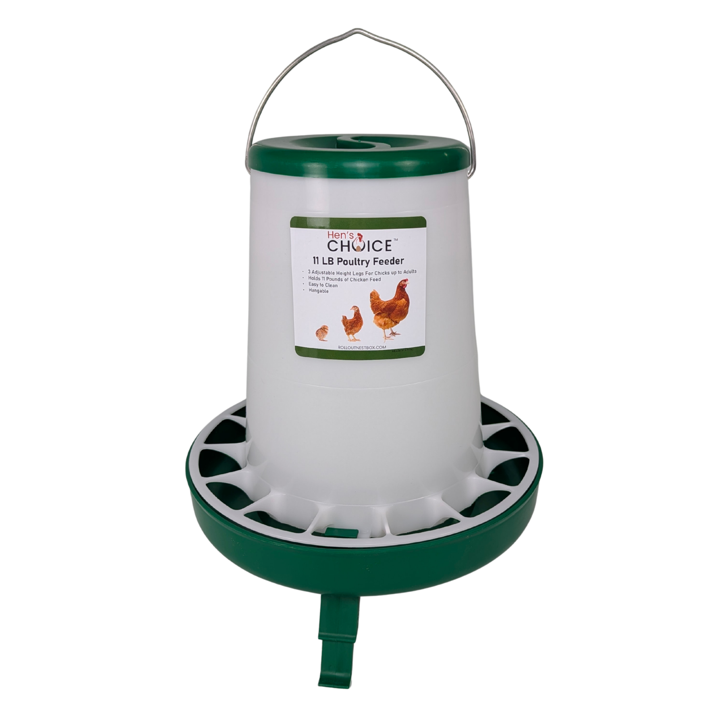 Hen's Choice - 11 LB Poultry Feeder, Twist Lock Base, Adjustable Legs, Hangable with Lid