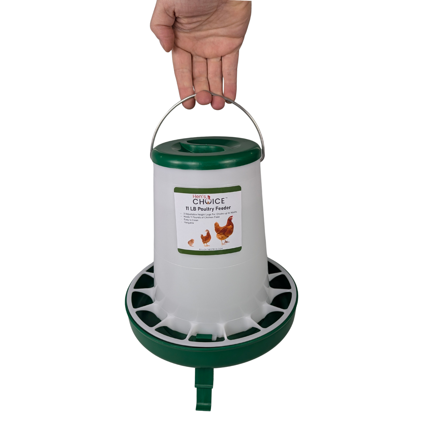 Hen's Choice - 11 LB Poultry Feeder, Twist Lock Base, Adjustable Legs, Hangable with Lid