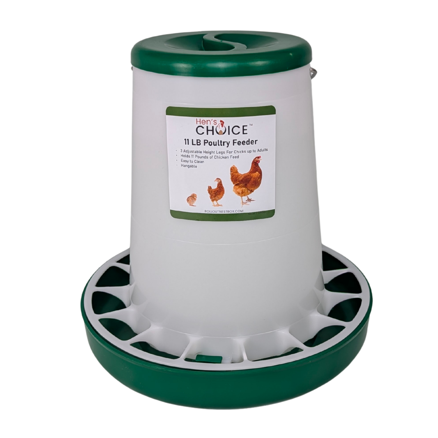 Hen's Choice - 11 LB Poultry Feeder, Twist Lock Base, Adjustable Legs, Hangable with Lid