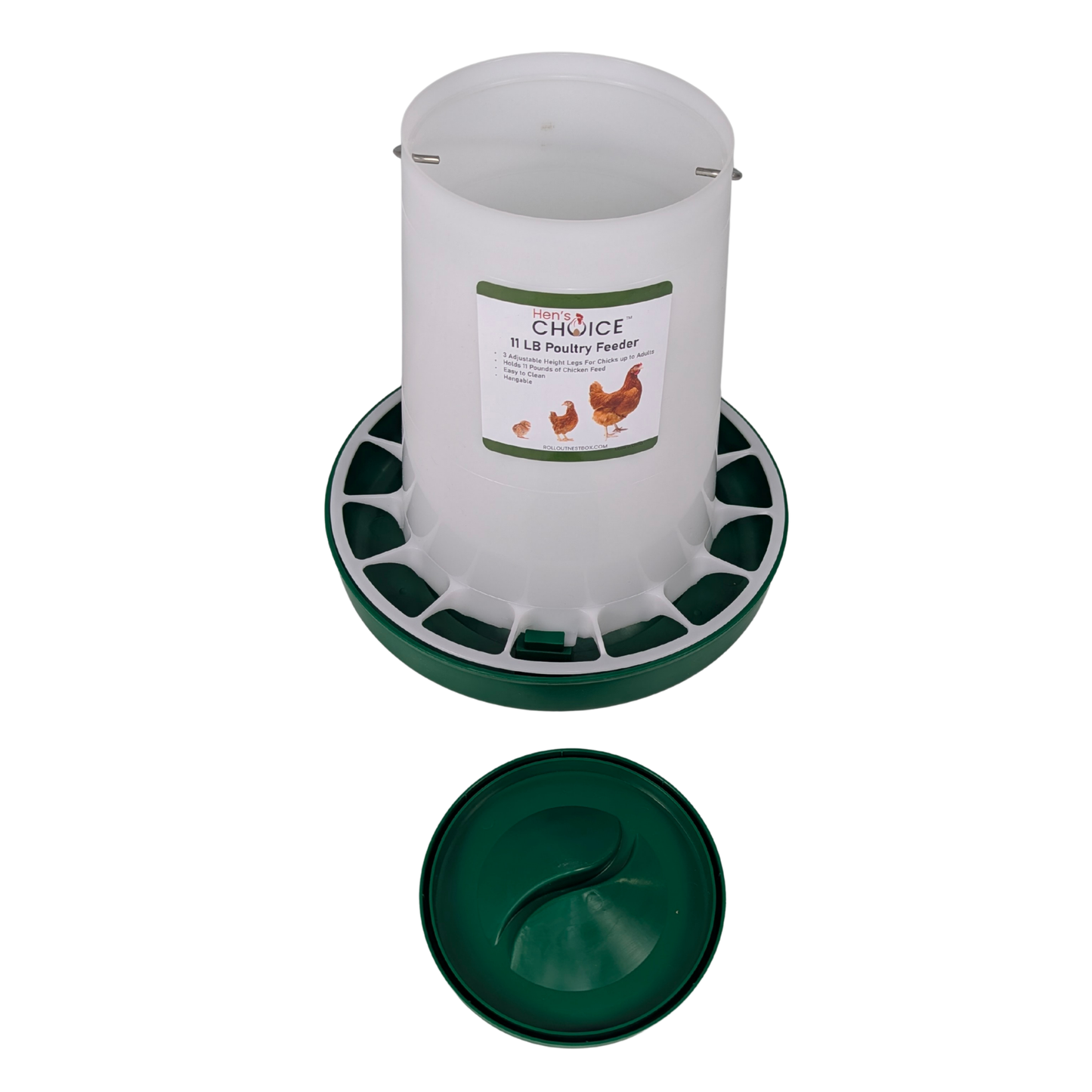 Hen's Choice - 11 LB Poultry Feeder, Twist Lock Base, Adjustable Legs, Hangable with Lid