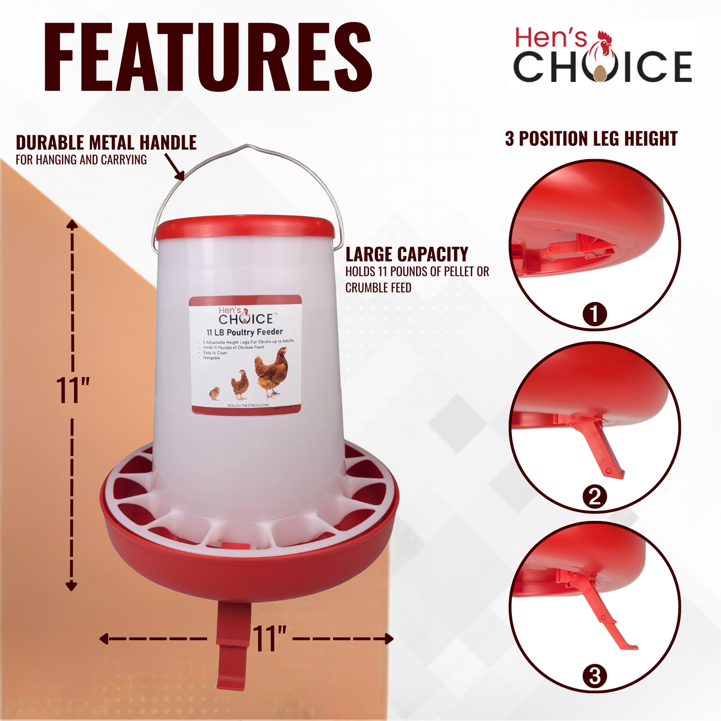 Hen's Choice - 11 LB Poultry Feeder, Twist Lock Base, Adjustable Legs, Hangable with Lid
