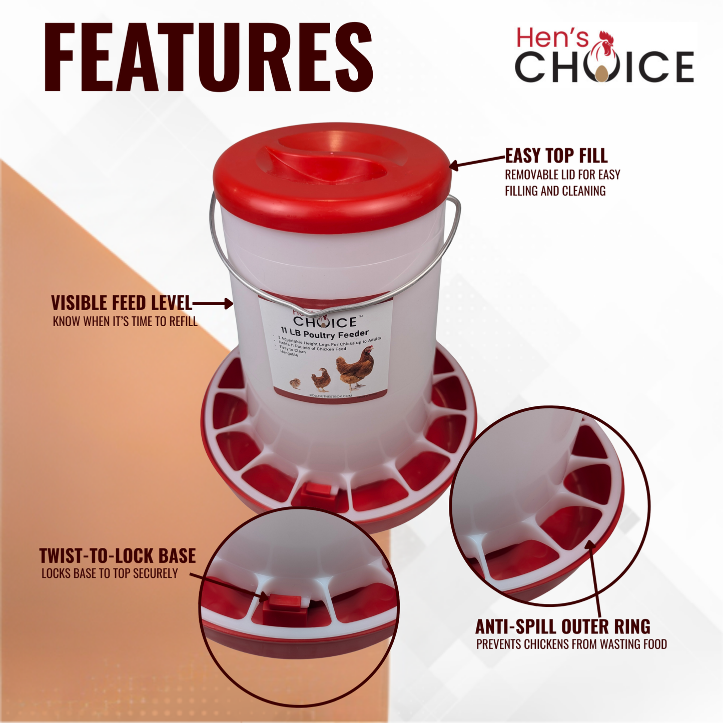Hen's Choice - 11 LB Poultry Feeder, Twist Lock Base, Adjustable Legs, Hangable with Lid
