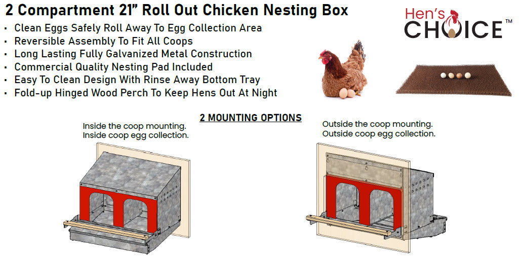 Hen's Choice™ - Roll Out Chicken Nest Box | Roll Away Chicken Nesting Box | 2 Compartment 21"