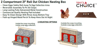 Hen's Choice™ - Roll Out Chicken Nest Box | Roll Away Chicken Nesting Box | 2 Compartment 21"