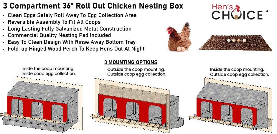 Hen's Choice™ - Roll Out Chicken Nest Box | Roll Away Chicken Nesting Box | 3 Compartment 36"