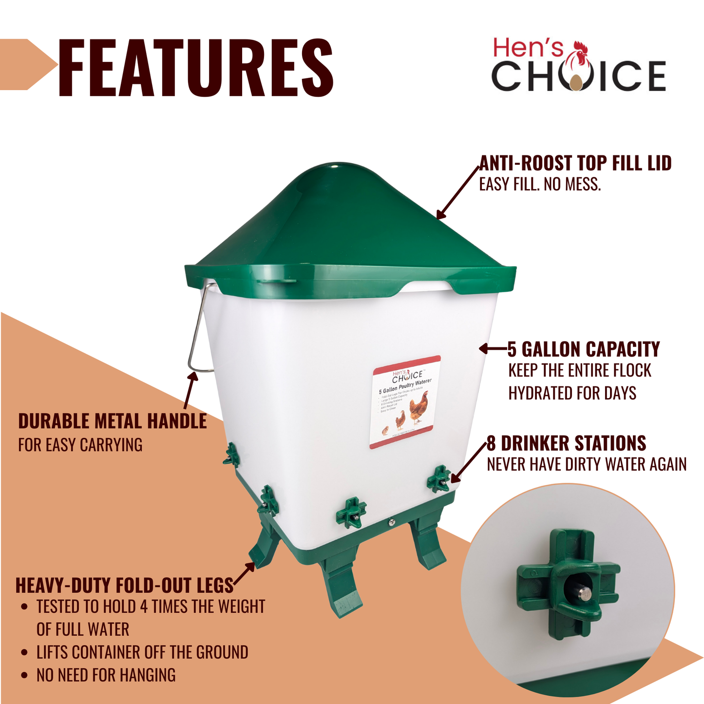 Hen's Choice - 5 Gallon Chicken Waterer with 8 Drinker Nipples, Anti-Roost Lid, Top Fill Design, Heavy Duty Legs