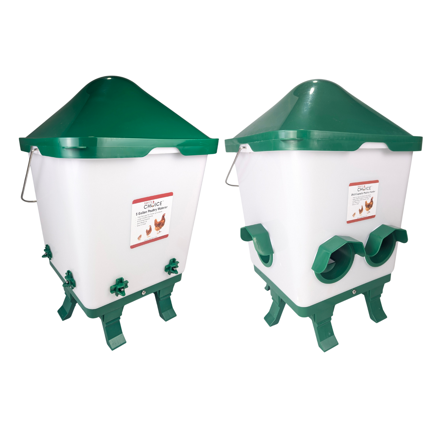 Hen's Choice™ - 25lb Chicken Feeder & 5 Gallon Waterer Set, Anti-Roost Lid, With Legs