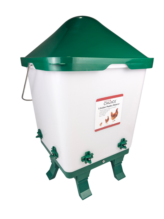 Hen's Choice - 5 Gallon Chicken Waterer with 8 Drinker Nipples, Anti-Roost Lid, Top Fill Design, Heavy Duty Legs