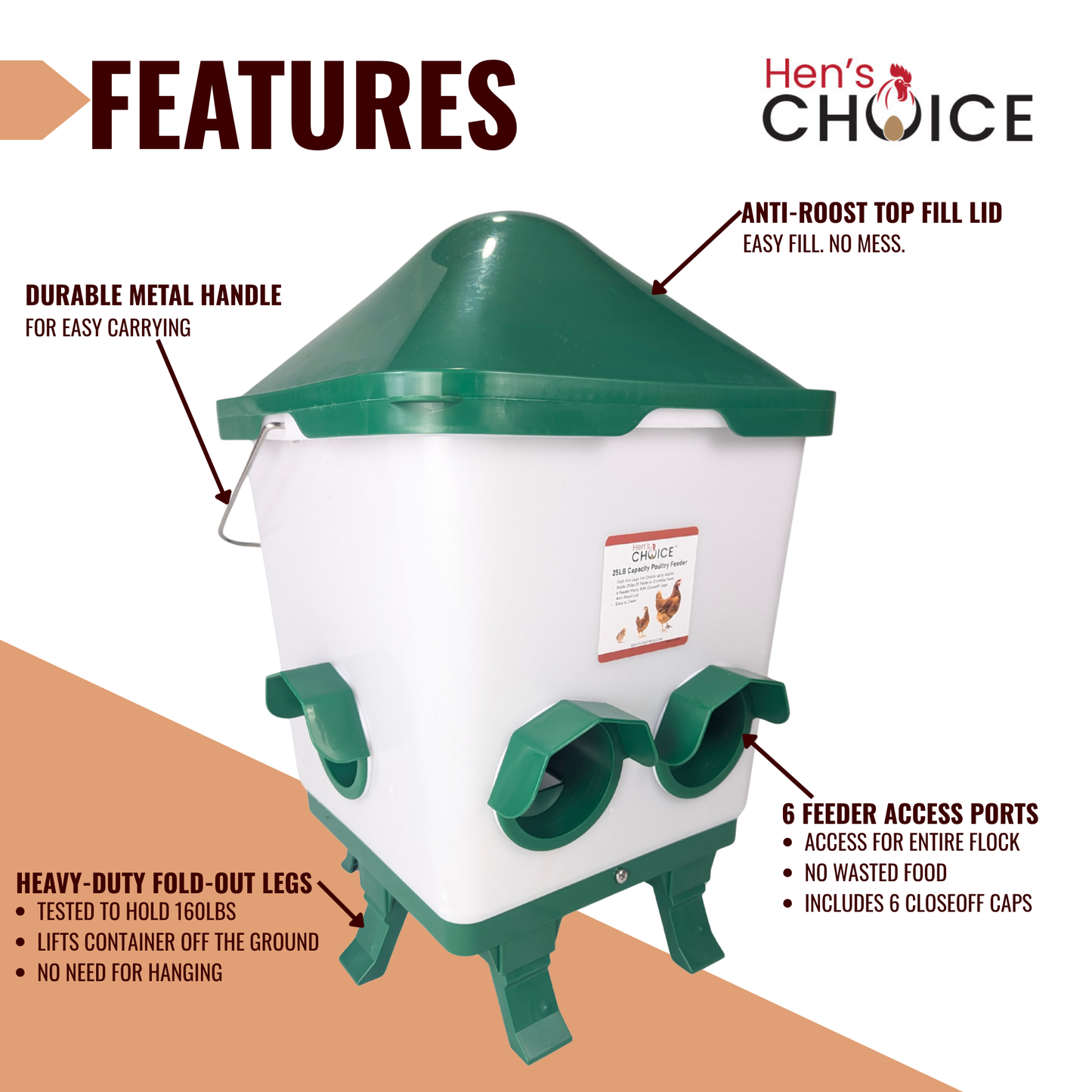 Hen's Choice™ - 25lb Chicken Feeder & 5 Gallon Waterer Set, Anti-Roost Lid, With Legs