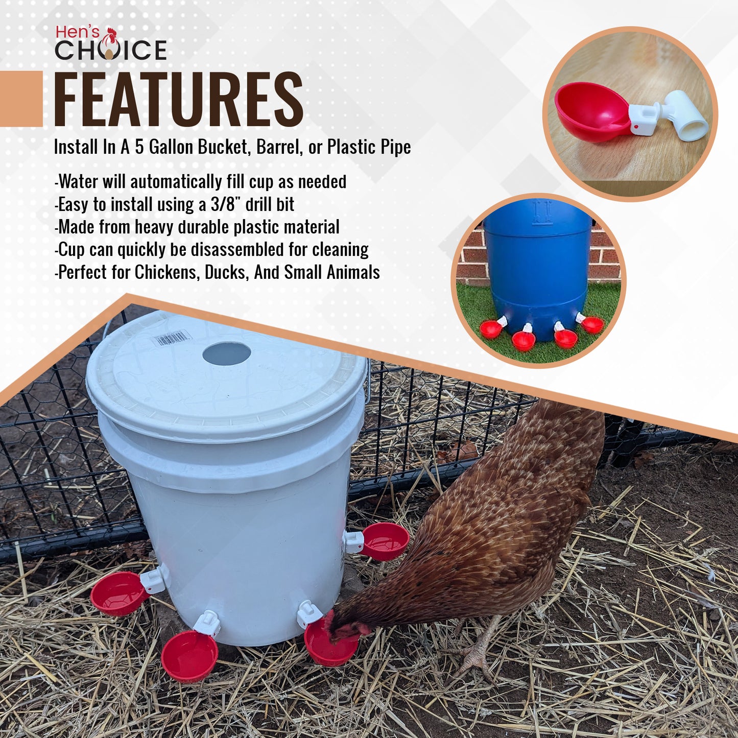 Hen's Choice™ - Large Automatic Chicken Waterer Cups, Poultry Water Kit